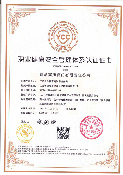 職業(yè)健康安全管理體系認(rèn)證證書(shū)